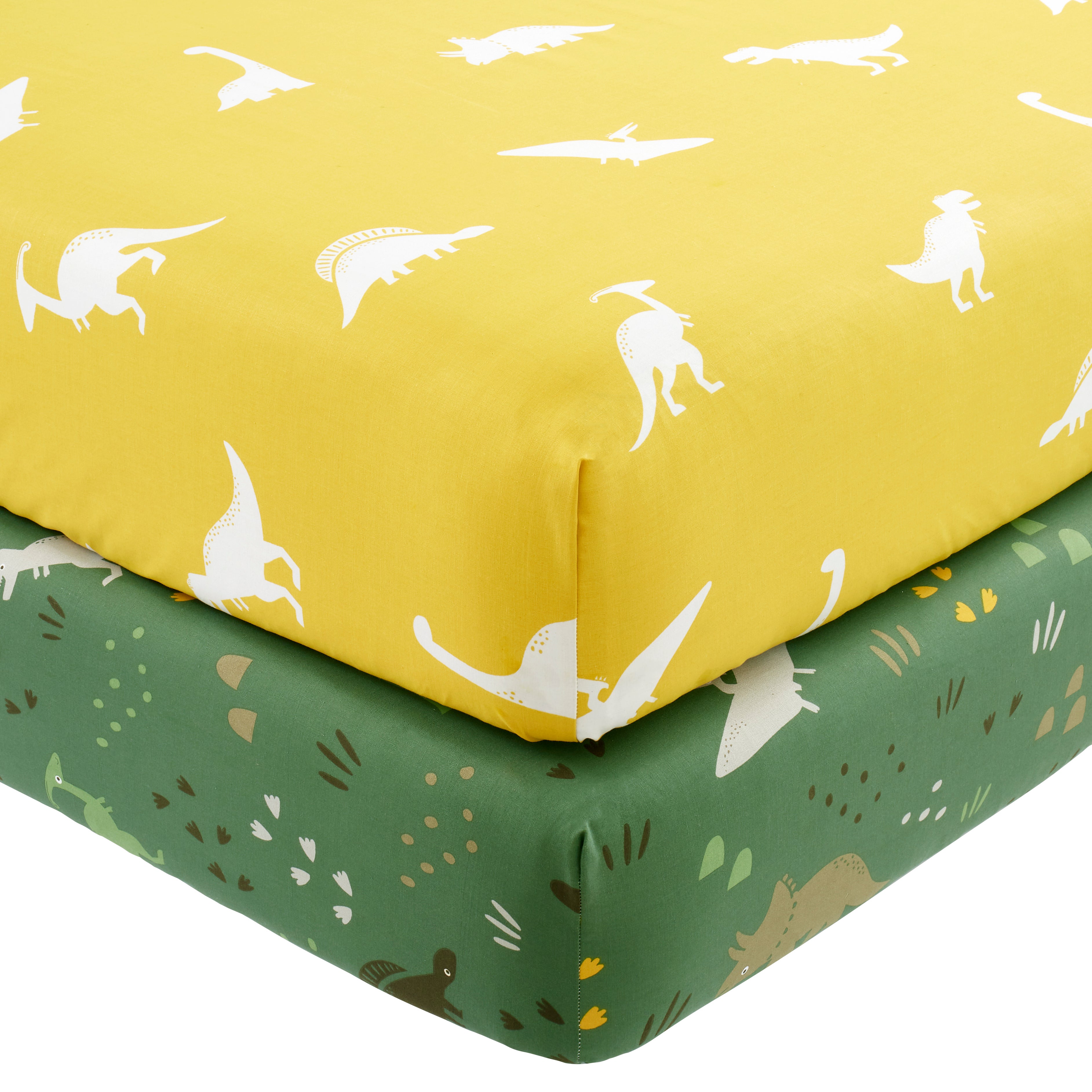 Dino Pack of 2 Fitted Sheets Yellow/White