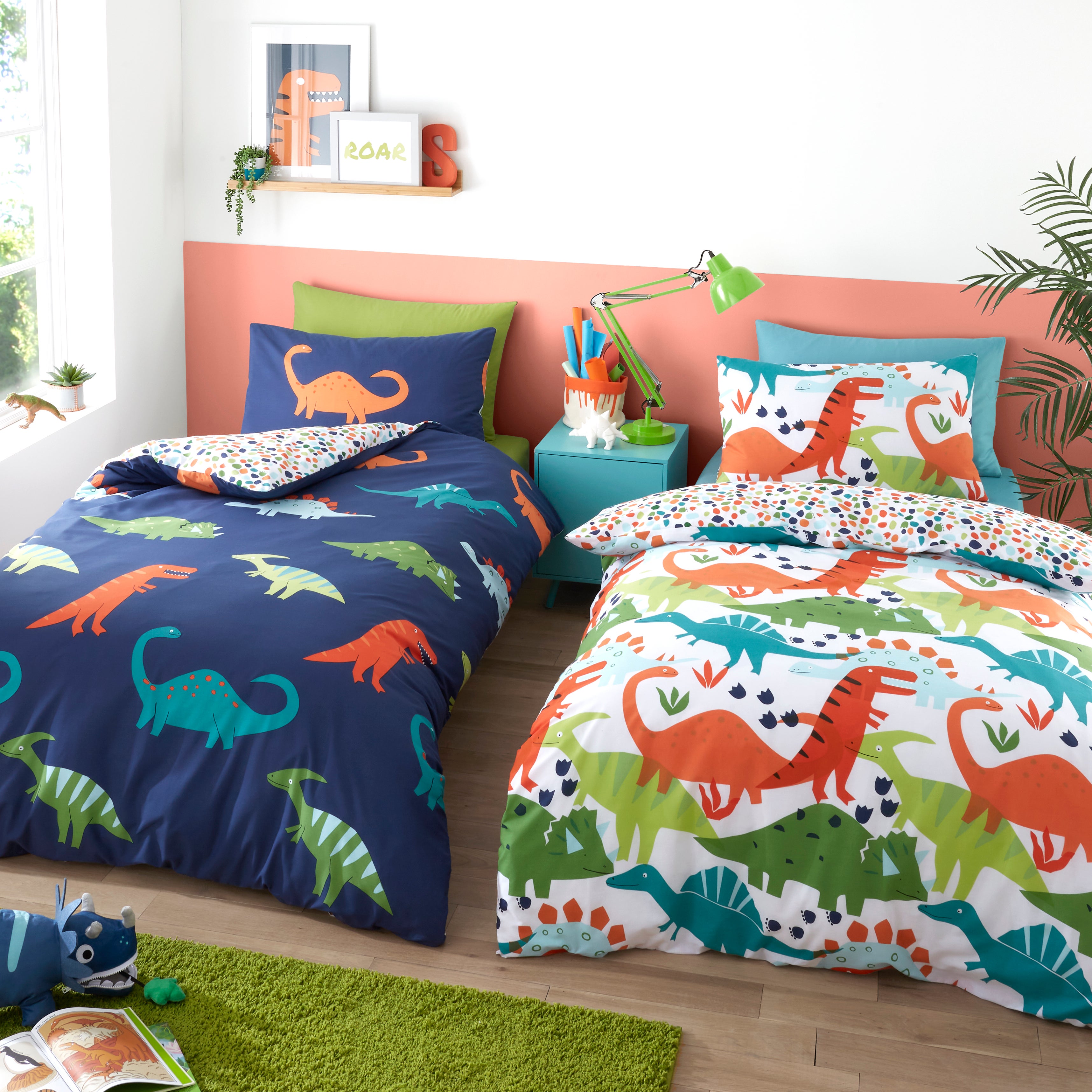 Bright Dino Twin Pack Duvet Cover and Pillowcase Set MultiColoured