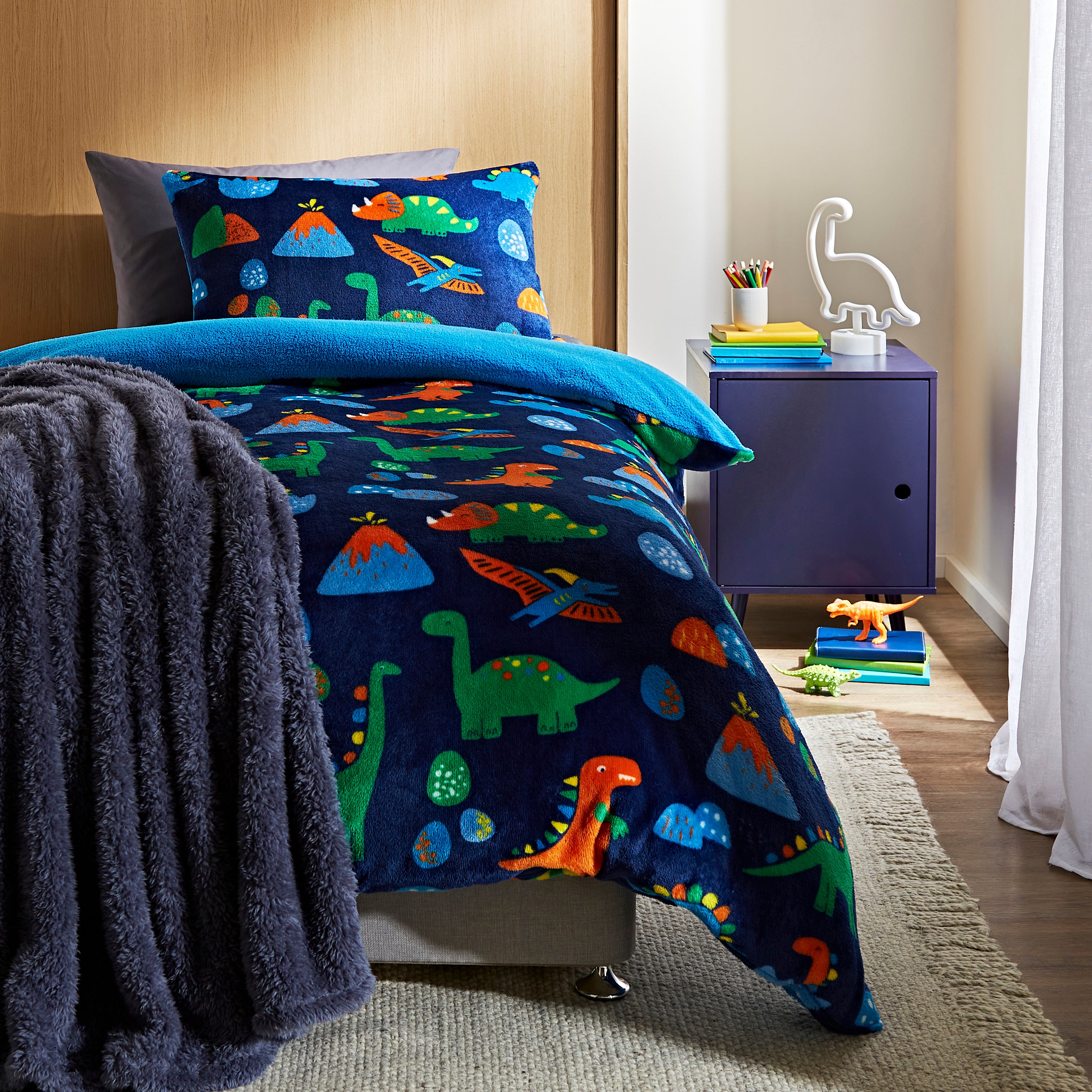 Dinosaur Fleece Duvet Cover and Pillowcase Set Blue