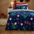 Santa Dino Navy Duvet Cover & Pillowcase Set Blue Main Thumbnail