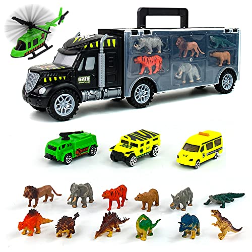 Transporter Truck including 12 x Dinosaurs, 3 Toy Cars & Helicopter