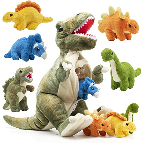  prextex t-rex dinosaur plush stuffed animal with tummy carrier filled with 5 cute little baby dinosaur hatchlings inside its zippered tummy, 15-inch dinosaur teddy, great gift for kids, boys and girls