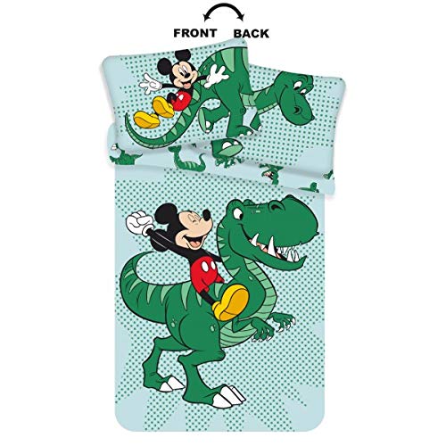  Disney Dinosaur Toddler Bedding Featuring Mickey Mouse – Dinosaur Cot Bedding, Reversible – Mickey Mouse Bedding Size 100 x 135 cm, 40 x 60 cm – Green Cot Bedding, Duvet Cover and Pillow Case