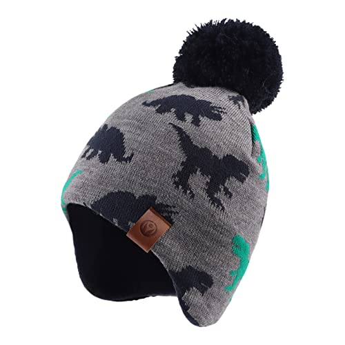 Fleece Lined Knitted Baby Dinosaur Hat with Pompom