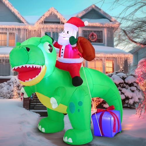Joiedomi 6 FT Long Santa Ride on Dinosaur Inflatable with Build-in LEDs Blow Up Inflatables for Xmas Party Indoor, Outdoor, Yard, Garden, Lawn Winter Decor