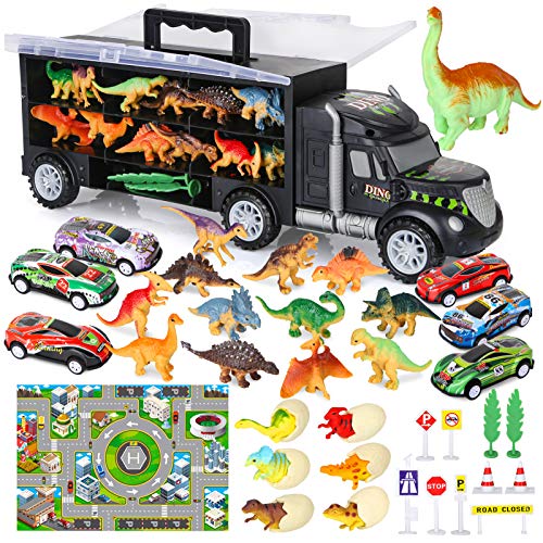 Dinosaur  Car Transporting Truck Including Dinosaurs, Race Car & Play Mat