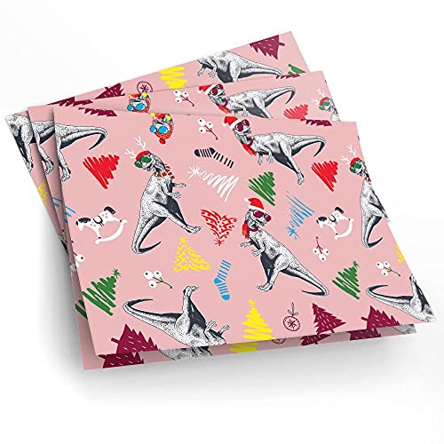  4 x Pink Christmas T-Rex Xmas Wrapping Paper Sheets