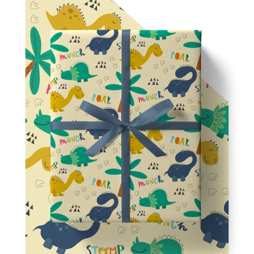 4 x Dinosaur Kids Wrapping Paper Sheets 84cm x 60cm with FREE Birthday Card - Eco Friendly Recyclable Premium Boys Gift Wrap in Plastic Free Packaging