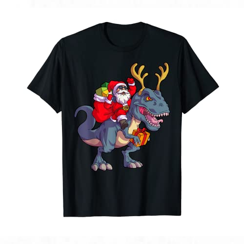 Christmas Santa Riding Dinosaur Deer Xmas Kids Boys Men T-Shirt