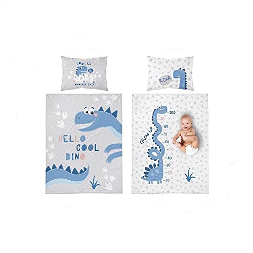  B4Beds Dino Dinosaur Reversible Milestones Bedding Set for Baby Boy Baby Girl Cot Bed Duvet Cover & Pillow Case Bamboo / Cotton, Blue Grey