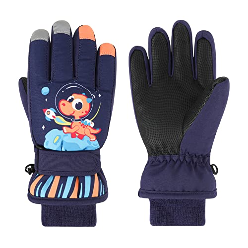  Waterproof Kids Dinosaur Ski Gloves - Available in 2 Colours - 3 Sizes