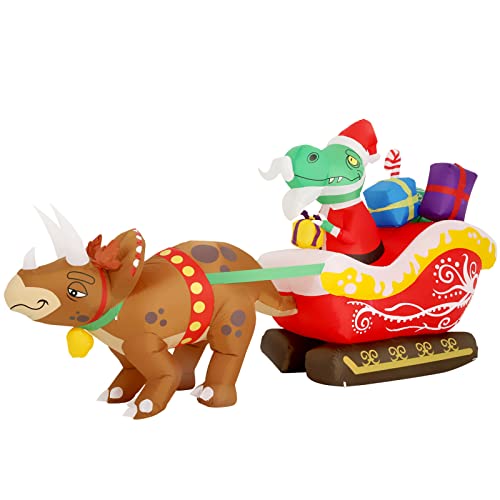 Santa Dinosaur on Sleigh with Triceratops Xmas Inflatable - 10ft Long