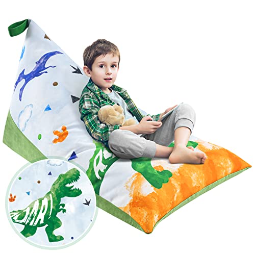  dinosaur stuffed animal storage - double sided bean bag chairs for kids boys canvas velvet bean bag covers toys organizer holder dino beanbag seats (stuffing not included)