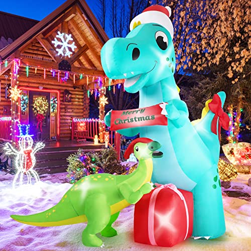 Inflatable T-Rex with Dilophosaurus Merry Christmas Sign and Present 