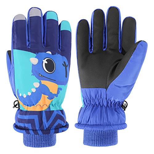  Kids Fleece Lined Dinosaur Ski Gloves - Ages 8-14