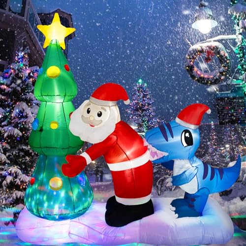 6 FT Inflatable Christmas Tree with Santa and Blue Dinosaur