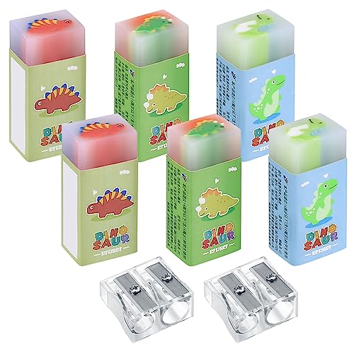 6 x Cute Dinosaur Pencil Erasers With 100 paperclips and 2 Pencil Sharpeners