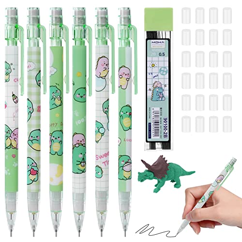 6 Cute Dinosaur Automatic Pencils with Pencil and Eraser Refills