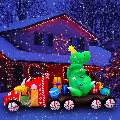 12FT Inflatable Christmas Truck with Wrapped Up Dinosaur