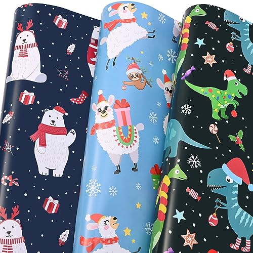  Assorted Xmas Wrapping Paper Featuring Dinosaurs Polare Bears and Llamas - 6 Large Sheets
