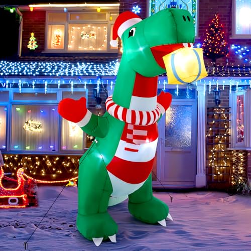 8ft Inflatable Dinosaur With Present and Hat Christmas Decoration