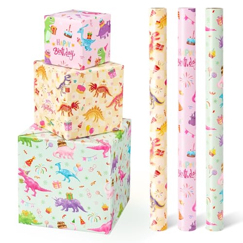  Dinosaur Wrapping Paper Rolls - 3 Rolls Dinosaur Gift Wrapping Paper Kids Wrap Paper Rolls Happy Birthday Wrapping Paper with Cutting Line on Back, Dino Them Party Favor 43 x 305 cmRoll