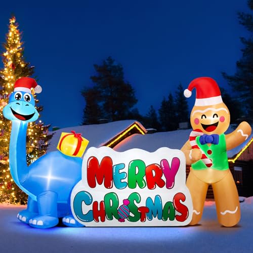 9.5ft Inflatable Merry Christmas Sign with Dinosaur and Gingerbread Man