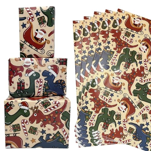  8 x Dinosaurs and Candy Canes Christmas Wrapping Paper - 20 x 28 Inch