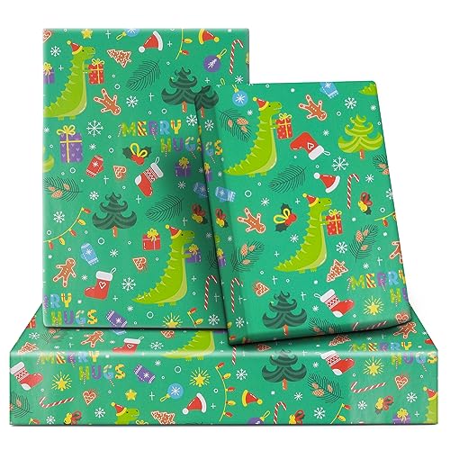 6 x Dinosaur Wearing Santa Hats Christmas Wrapping Paper - 20x28 inches per sheet