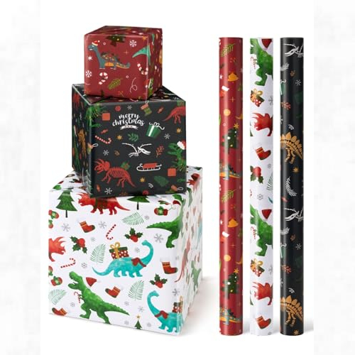  3 Rolls of Assorted DInosaur Christmas Wrapping Paper - 43 x 305cm