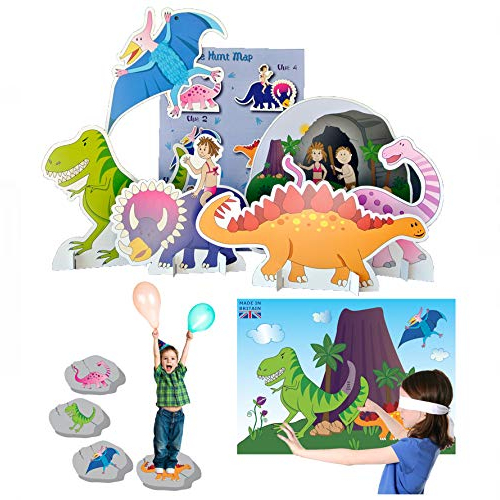 set of 3 dinosaur party games includes: pin the tail on the