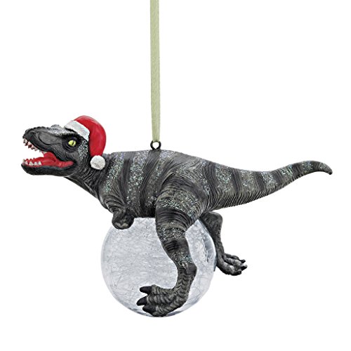 t rex with santa hat and crystal ball christmas tree decoration