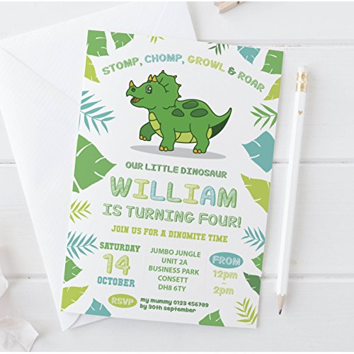 personalised Triceratops birthday party invitations - 10 pack