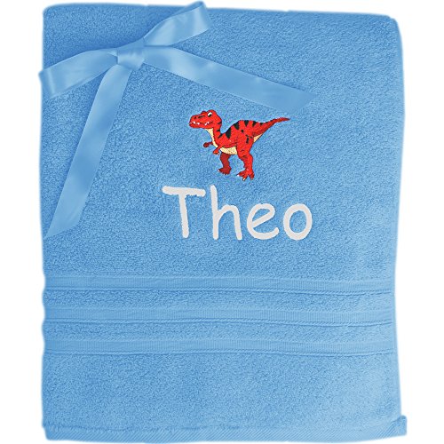 TeddyTs Personalised Boys Dinosaur Towel (T-Rex Blue)