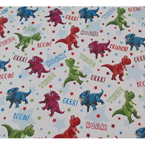 boys dinosaur birthday wrapping paper - happy t rex and triceratops - 2 sheets and 1 tag