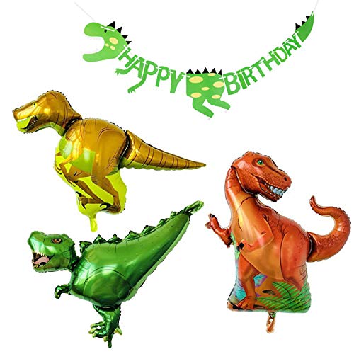 3 x large foil dinosaur balloons & happy birthday banner