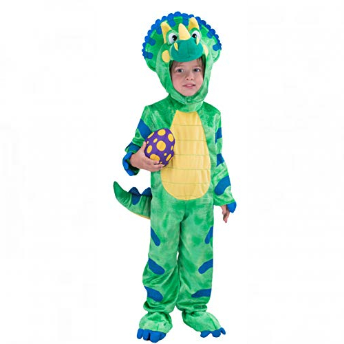 spooktacular creations triceratops deluxe kids dinosaur costume for halloween dinosaur dress up party (small, green)
