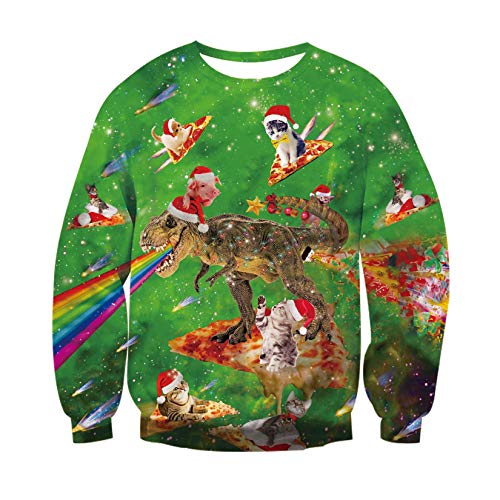 Pizza Surfng Christmas Dinosaurs and Cats Sweatshirt