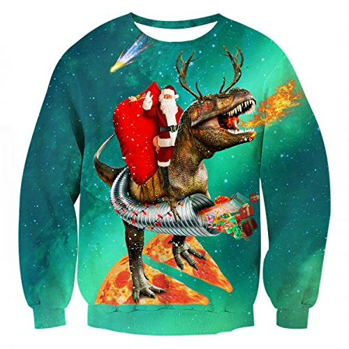 Santa Riding a Pizza Surfing Reindeer Raptor in Space - Adult - Unisex
