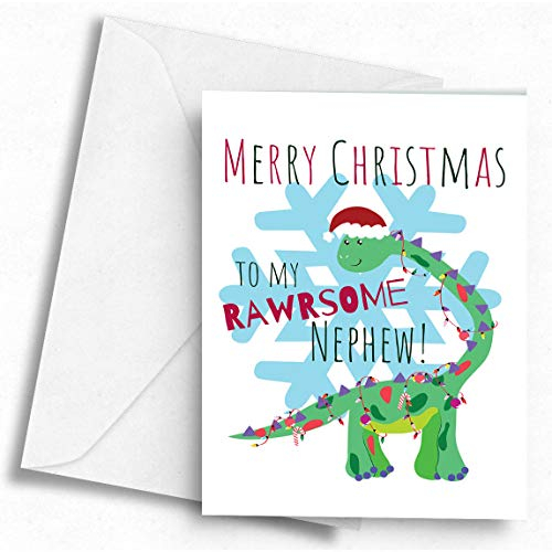 merry christmas to my rawrsome nephew! (dinosaur) - a5 greetings card