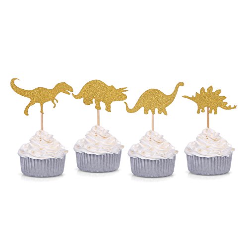  24 counts gold glitter dinosaur cupcake toppers kids first birthday party decorations