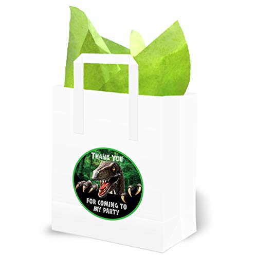 10 x dino party bags with handles, includes green tissue and dinosaur stickers.
