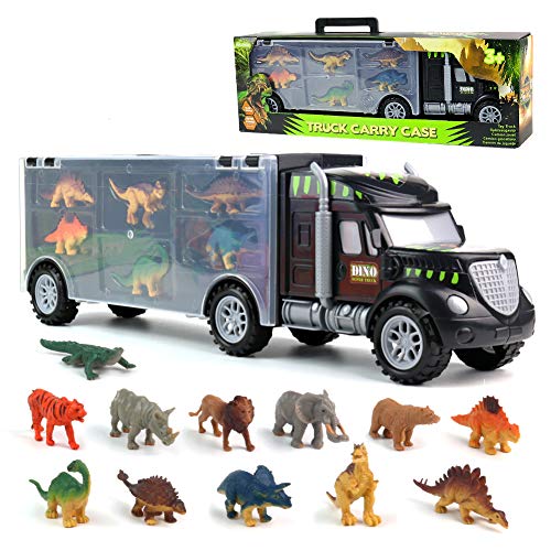 toy dinosaur transport truck toys with 12 assorted animals including dinosaurs