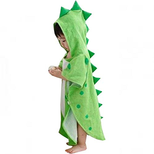 alltops kids cotton hooded towel cartoon unicorn dinosaur bathrobe bath poncho towel for boys girls, 0-4 years, green dinosaur