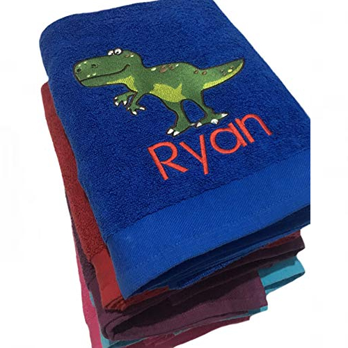 personalised embroidered dinosaur t rex bath gym beach swimming towel (blue)
