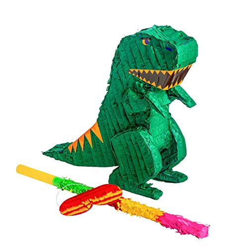 cardboard dinosaur pinata with stick and blindfold
