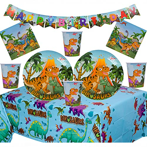 dinosaur party supplies set includes 16 x dino plates, napkins & table cover