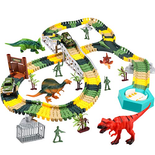 dinosaur race track set includes 2 cars, 8 dinosaurs & 4 soldiers