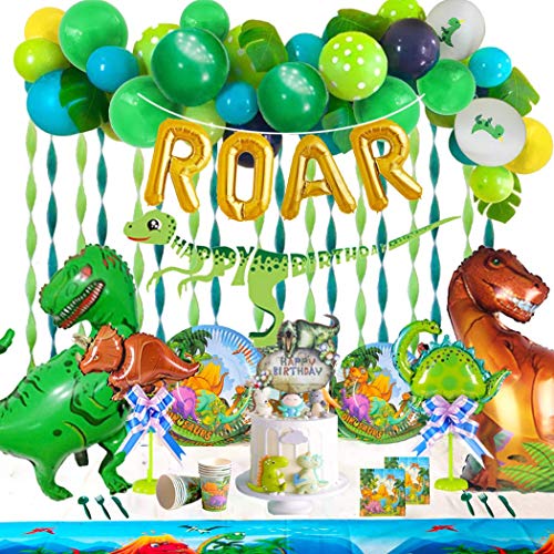 186 piece party set with banner, napkins, cups, plates, tablecloth, dinosaurs stickers and more