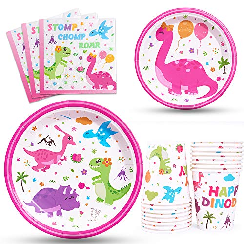 pink dinosaur party tableware set for girls serves 16